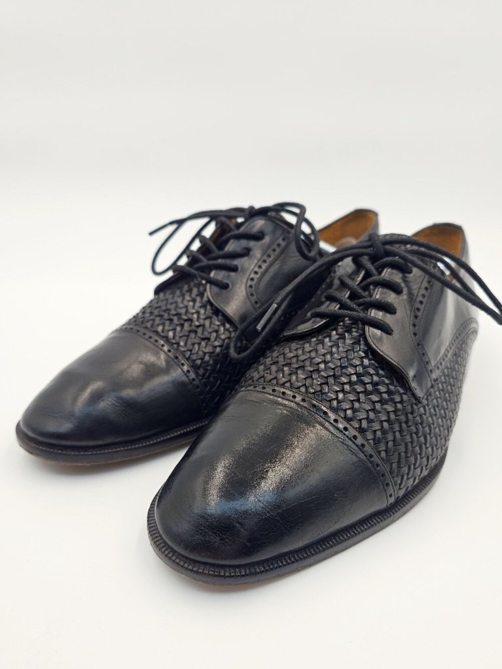 Mezlan Cancun Black Leather Cap Toe Oxford weave Dress Shoes Men's Size 10.5